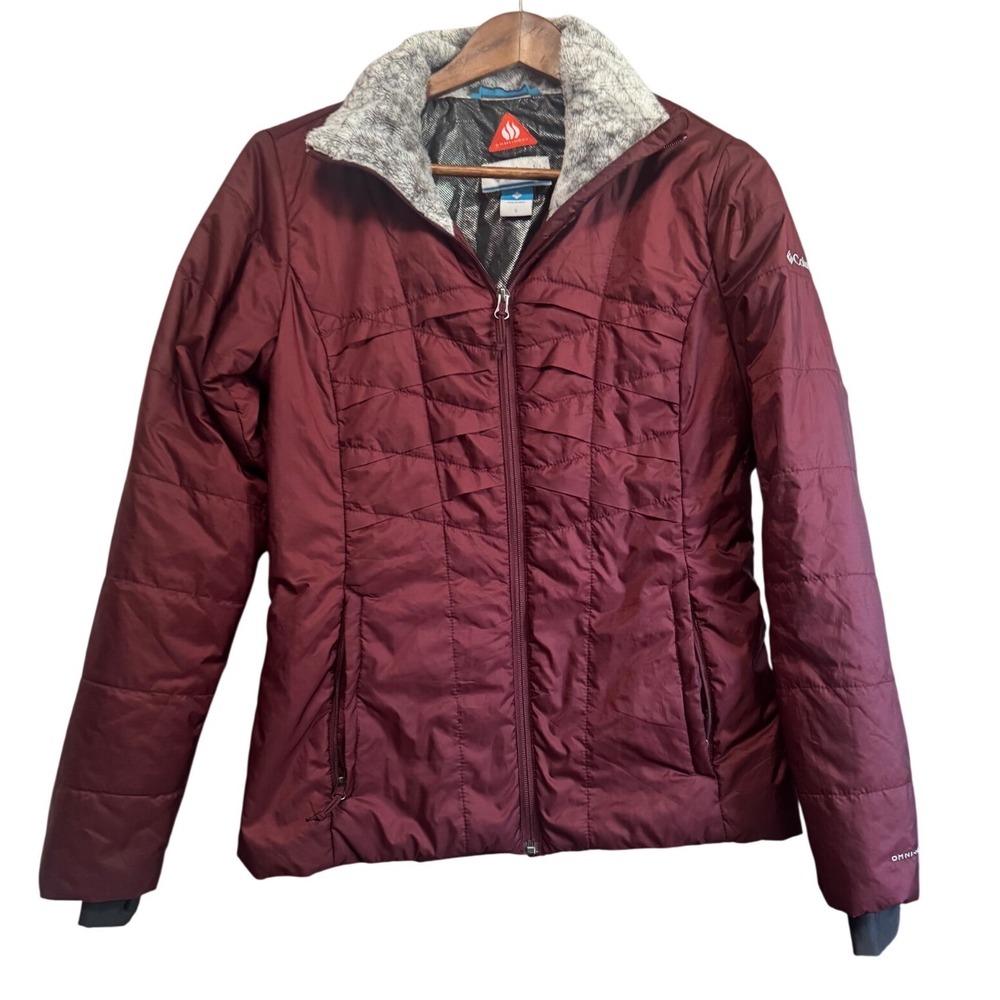 Columbia Puffer Jacket Women S Burgundy Excellent Omni-Heat Faux Fur Trim
